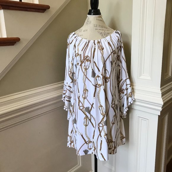 Patti Biggs Coastal Collection Mini Dress Womens Medium White Gold Chain Pom Pom - Picture 1 of 11